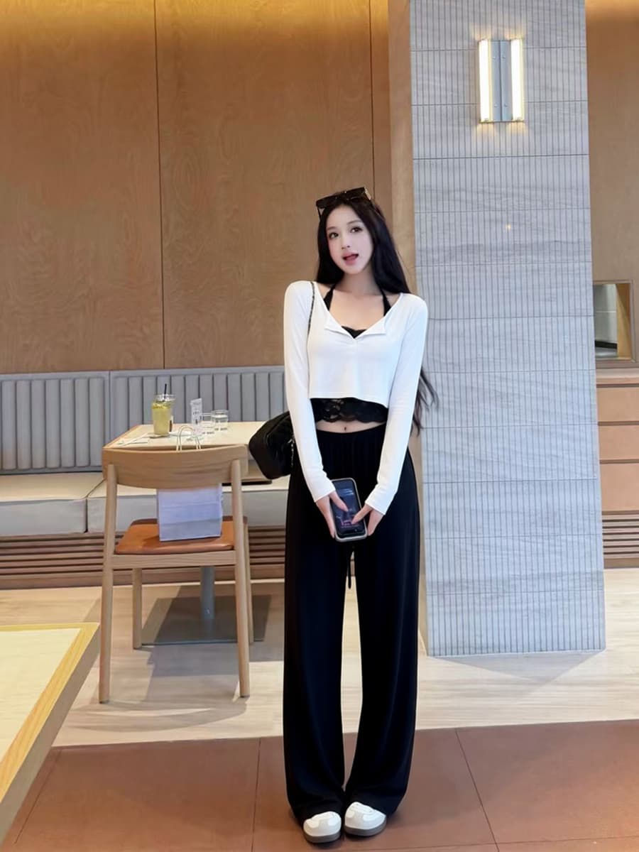 실사 이른 가을 레트로 뒤로 홀로우 아웃 맨위 행침 목 레이스 조각 슬립 슬림해 보이는 스트레이트 긴 바지 세트 여성