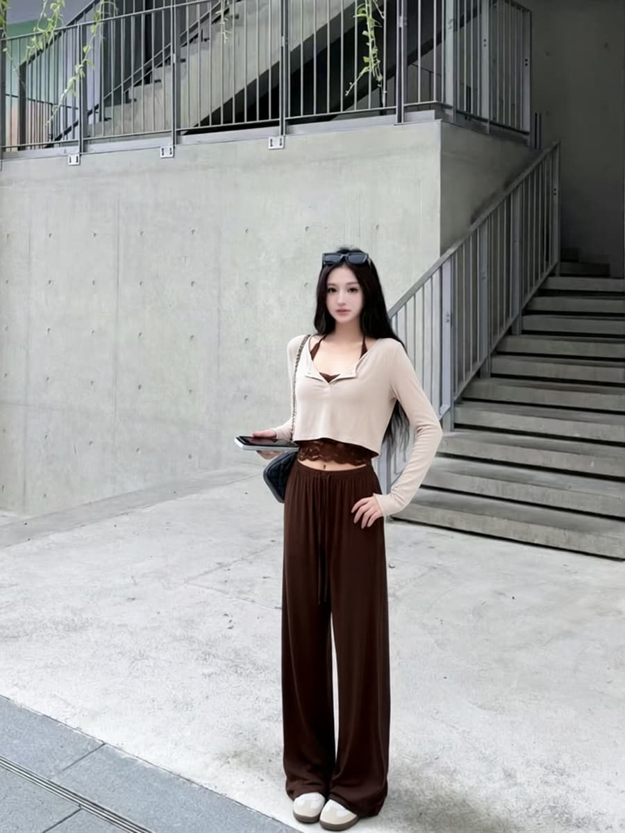 실사 이른 가을 레트로 뒤로 홀로우 아웃 맨위 행침 목 레이스 조각 슬립 슬림해 보이는 스트레이트 긴 바지 세트 여성 이미지 2