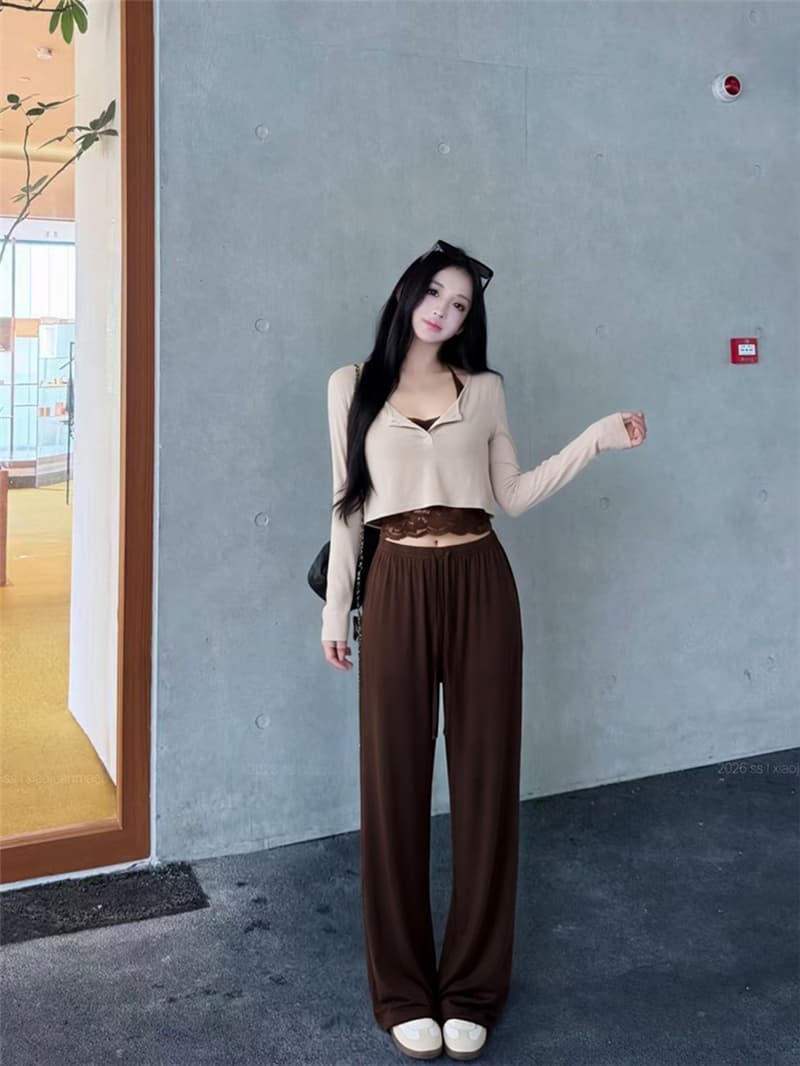 실사 이른 가을 레트로 뒤로 홀로우 아웃 맨위 행침 목 레이스 조각 슬립 슬림해 보이는 스트레이트 긴 바지 세트 여성 상세 이미지 3