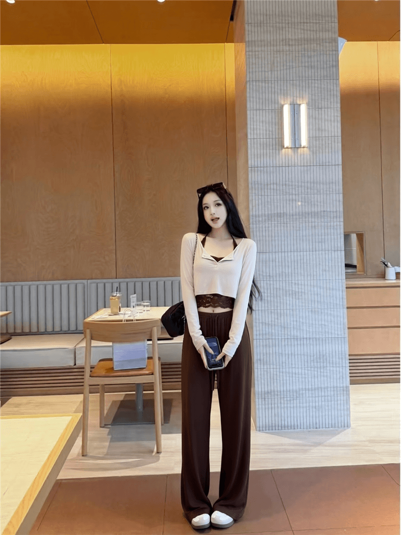 실사 이른 가을 레트로 뒤로 홀로우 아웃 맨위 행침 목 레이스 조각 슬립 슬림해 보이는 스트레이트 긴 바지 세트 여성 상세 이미지 6