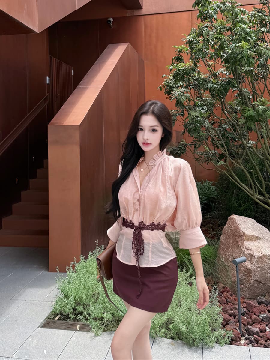 실사 이른 가을 레트로 섹시함 작은 스탠드 칼라 허리 수축 슬림해 보이는 스트랩 셔츠 맨위 타이트 스커트 반신 치마바지 세트 여성 이미지 2