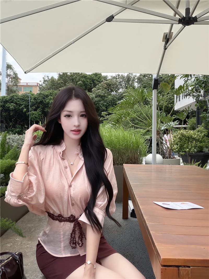 실사 이른 가을 레트로 섹시함 작은 스탠드 칼라 허리 수축 슬림해 보이는 스트랩 셔츠 맨위 타이트 스커트 반신 치마바지 세트 여성 상세 이미지 13