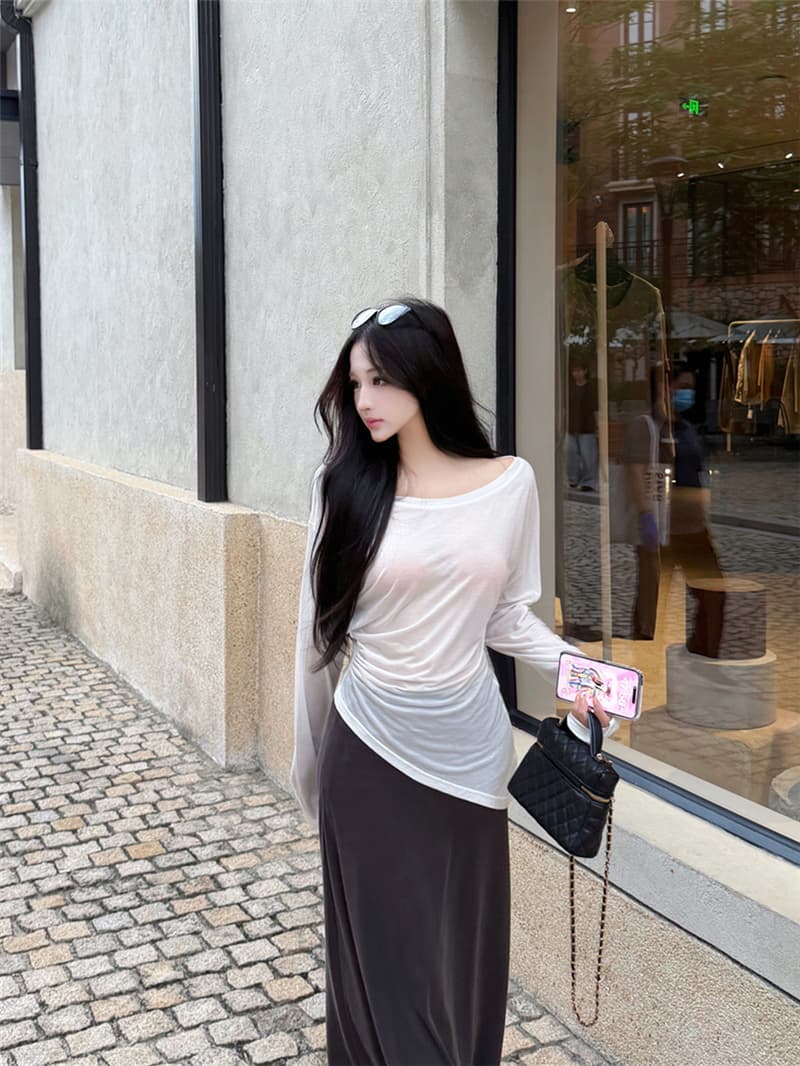 실사 이른 가을 레트로 섹시함 느긋한 비스듬한 어깨 긴팔 티셔츠 도루 센스 슬림해 보이는 반신 스커트 롱 스커트 세트 여성 상세 이미지 4