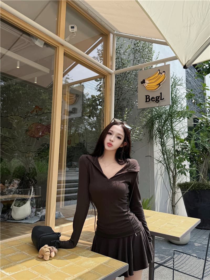실사 이른 가을 레트로 섹시함 지퍼 펌프 로프 긴팔 까마귀 재킷 하이웨이스트 슬림해 보이는 한 마디 바지 세트 여성 상세 이미지 19