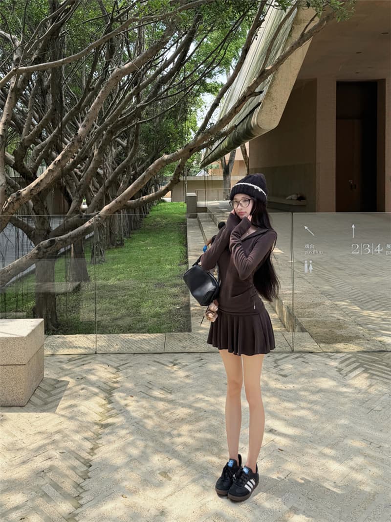 실사 이른 가을 레트로 섹시함 지퍼 펌프 로프 긴팔 까마귀 재킷 하이웨이스트 슬림해 보이는 한 마디 바지 세트 여성 상세 이미지 24