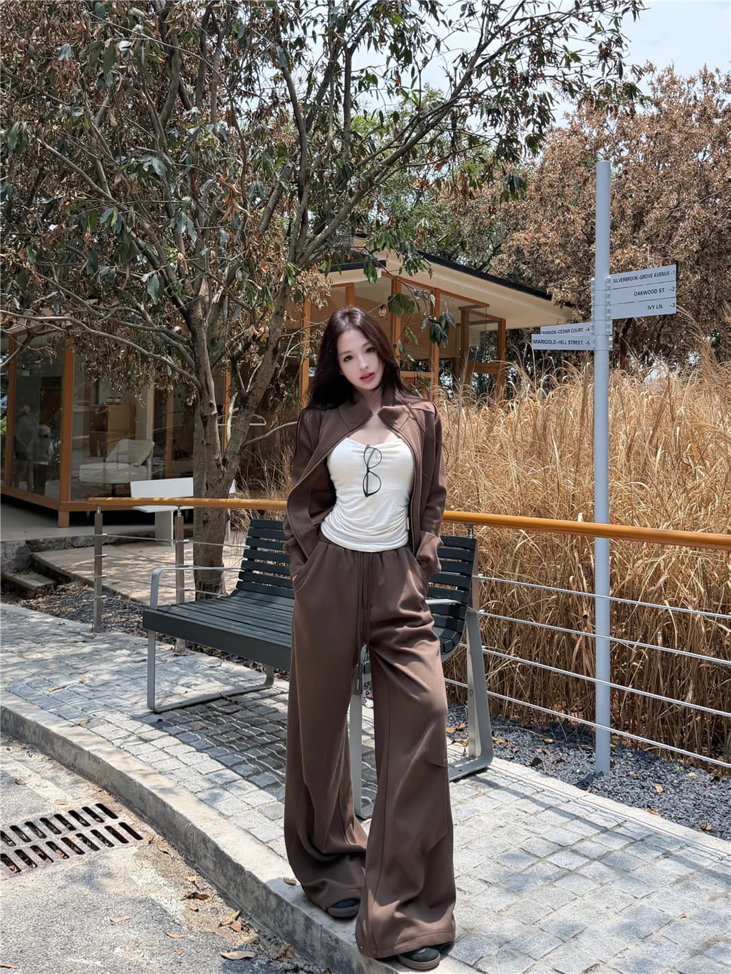 실사 가을 의상 레트로 섹시함 스탠드 칼라 지퍼 후드티 재킷 하이웨이스트 슬림해 보이는 스트레이트 캐주얼 바지 긴 바지 세트 여성 상세 이미지 5