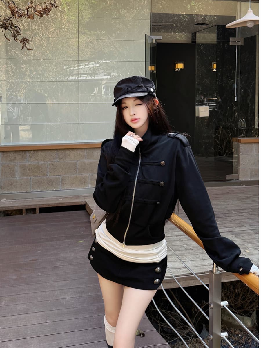 실사 가을 의상 레트로 섹시함 검정색 한 부서 나폴레옹 카디건 코트 반신 바지 티셔츠 세 조각 여성 세트