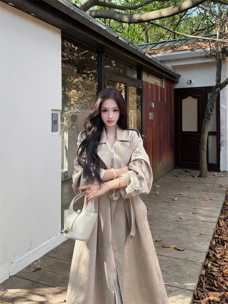 실사 가을 레트로 섹시함 스웨이드 긴 바람 외투 반신 스커트 롱 스커트 여성 상세 이미지 4