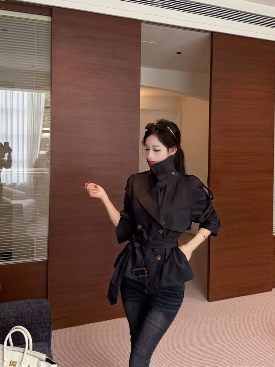 실사 가을 의상 사선 무늬 길다 쇼트 스타일 바람막이 여성 코트 이미지 3