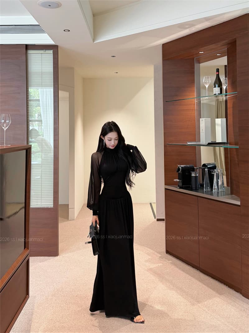 실사 가을 의상 섹시함 빛 요리 한 바람 반하이넥 망사 패치워크 주름 레트로 허리 수축 슬림해 보이는 드레스 롱 스커트 여성 상세 이미지 20