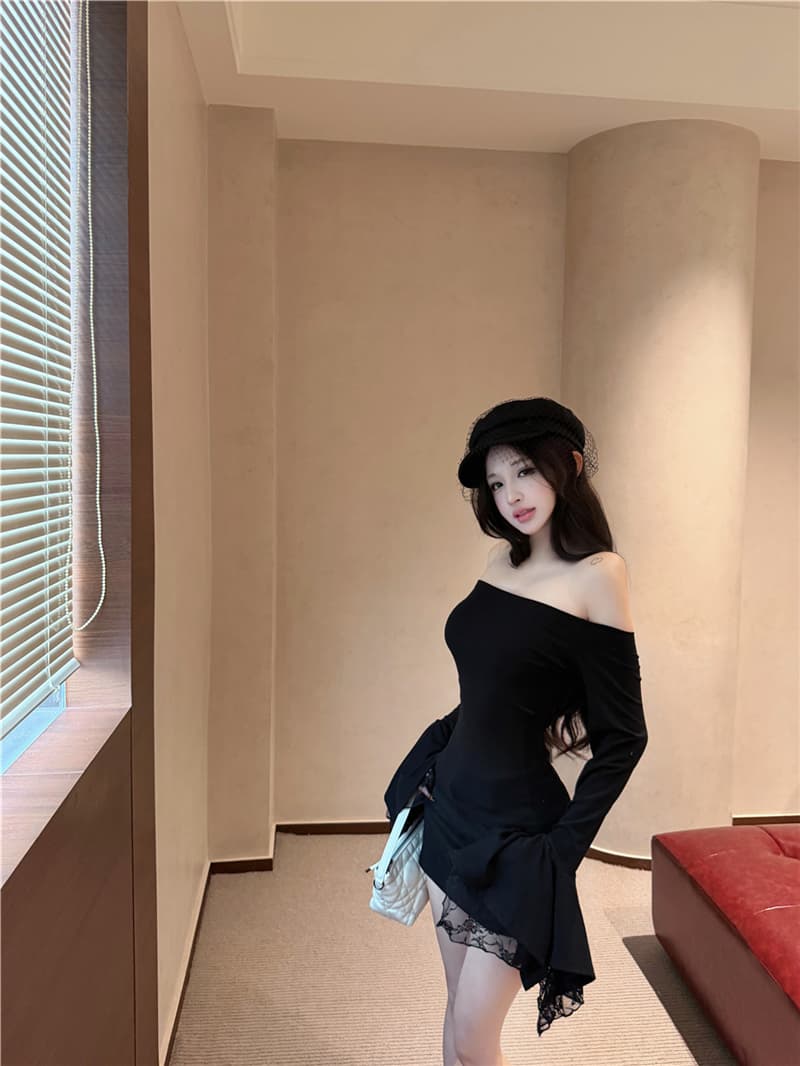실사 가을 의상 레트로 섹시함 레이스 조각 대 나팔 소매 오프숄더 티셔츠 맨위 타이트 스커트 반신 치마바지 여성 상세 이미지 11