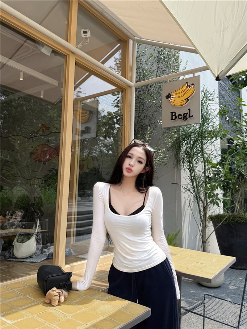 실사 이른 가을 배색 슬립 긴팔 티셔츠 펌프 로프 웨이 바지 캐주얼 바지 세트 여성 상세 이미지 9