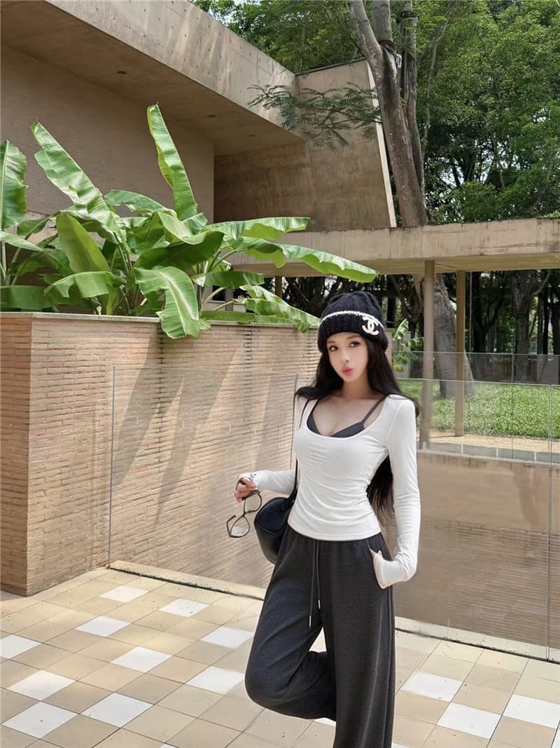 실사 이른 가을 배색 슬립 긴팔 티셔츠 펌프 로프 웨이 바지 캐주얼 바지 세트 여성 상세 이미지 11
