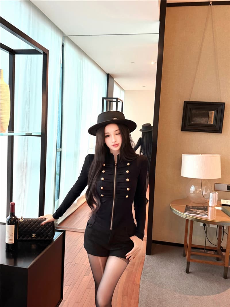 실사 가을 의상 섹시함 나폴레옹 금속 버클 긴팔 티셔츠 레트로 스탠드 칼라 지퍼 핫걸 맨위 오픈 가디건 여성 상세 이미지 22