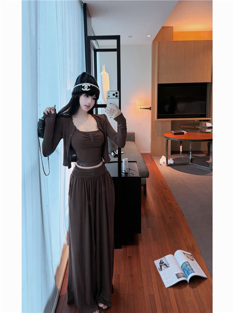 실사 이른 가을 레트로 섹시함 레이스 행침 목 캐미솔 카디건 코트 넓은 다리 길이 바지 세트 여성 상세 이미지 7
