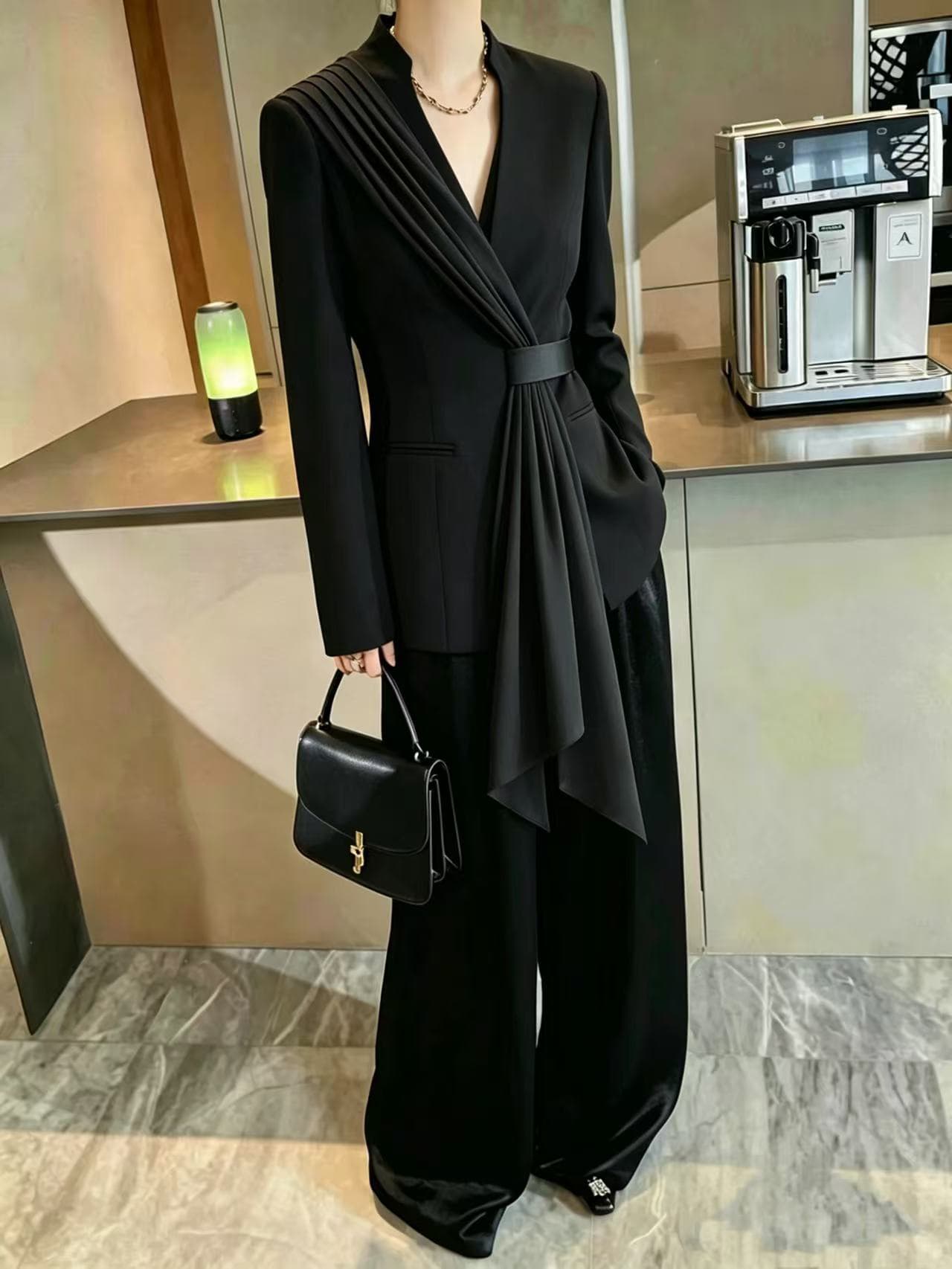 우아함 성숙한 품격 작은 대중 아세트산 장대 수준 작은 스탠드 칼라 스카프 스트레이트 정장 여성 코트 상세 이미지 1