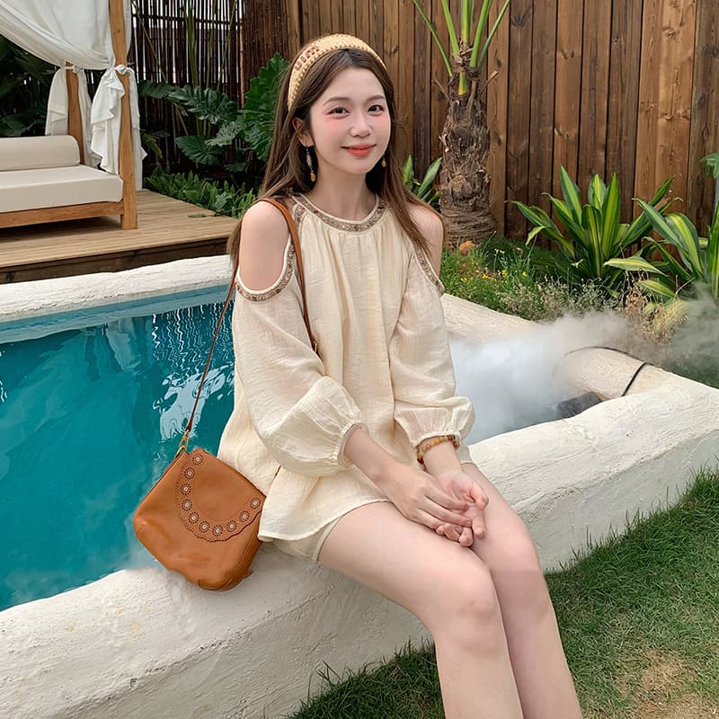 여름 켜기 새로운 휴가 바람 임산부 상쾌 통기성 오프숄더 맨위 돼지 코 반바지 세트 이미지 4