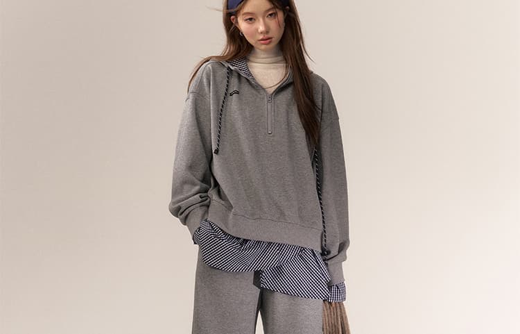 새로운 가을 겨울 아메리칸 레트로 페이크 레이어드 패치워크 맨위 후드티 임산부 와이드 레그 팬츠 세트 상세 이미지 28