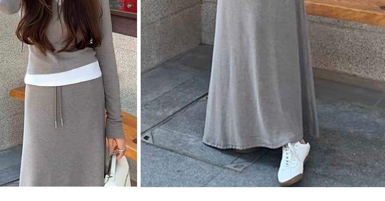 가을 켜기 새로운 원본 원단 페이크 레이어드 후드 긴팔 티셔츠 한 마디 후드티 반신 스커트 임산부 세트 상세 이미지 10