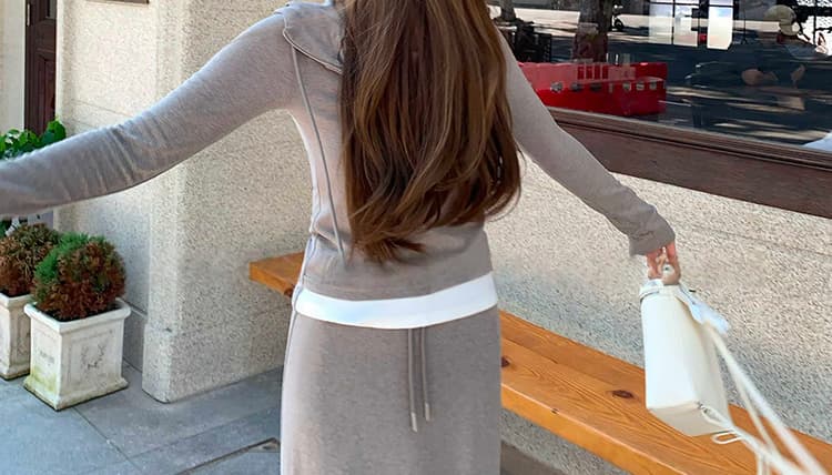 가을 켜기 새로운 원본 원단 페이크 레이어드 후드 긴팔 티셔츠 한 마디 후드티 반신 스커트 임산부 세트 상세 이미지 21