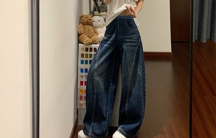 가을 켜기 새로운 임산부 워시 물 블루 와이드 레그 팬츠 스트레이트 데님 하이웨이스트 루즈핏 캐주얼 바닥 청소 바지 상세 이미지 27