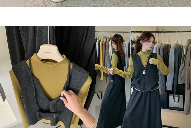 가을 켜기 새로운 임산부 한 부서 디자인 센스 V넥 베스트 순면 슬림해 보이는 긴팔 반신 스커트 3종 세트 상세 이미지 25