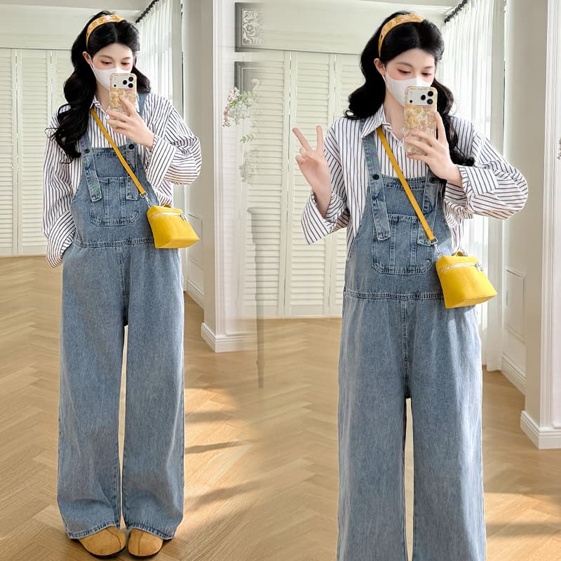 가을 켜기 새로운 루즈핏 연령 감소 학원 품격 슬림해 보이는 임산부 멜빵 바지 스트라이프 셔츠 세트 이미지 3