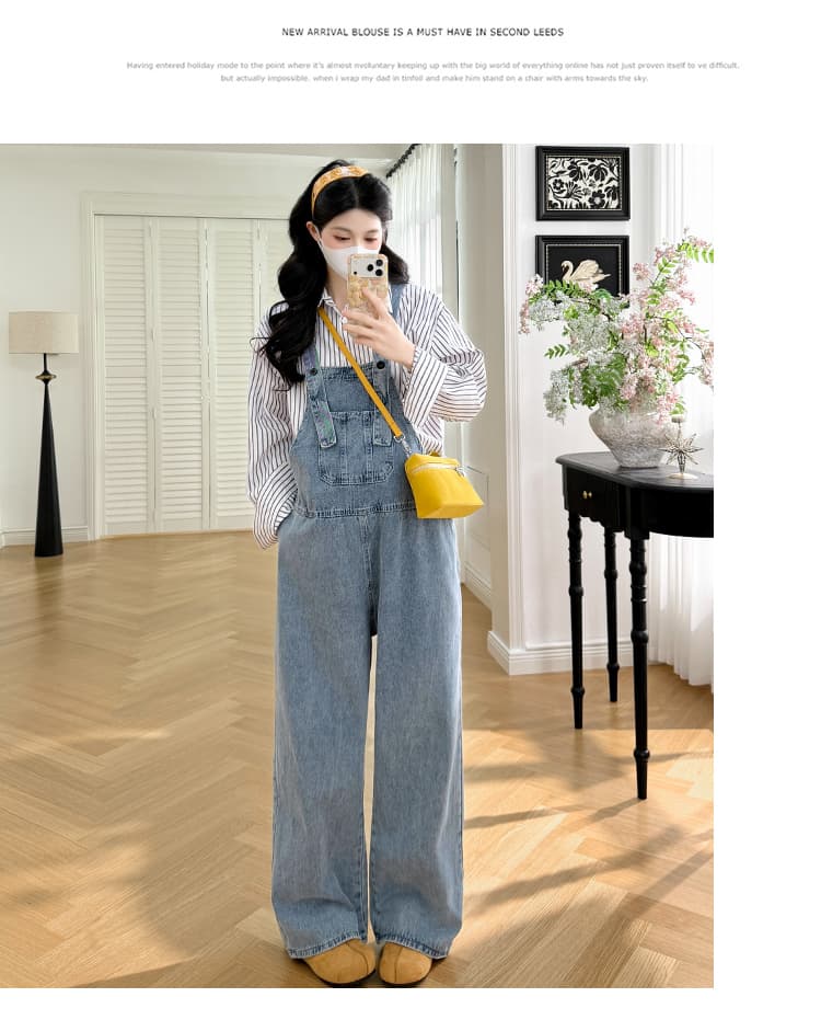 가을 켜기 새로운 루즈핏 연령 감소 학원 품격 슬림해 보이는 임산부 멜빵 바지 스트라이프 셔츠 세트 상세 이미지 19