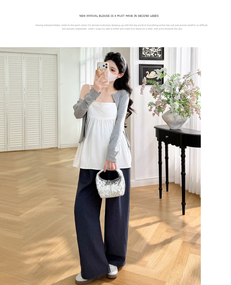 가을 켜기 새로운 미니멀리즘 차가운 얇고 가벼운 긴팔 자외선 차단 캐미솔 워시 물 청바지 3종 세트 상세 이미지 13