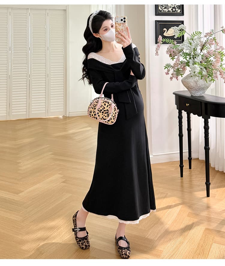 가을 켜기 새로운 2026 새로운 슬림해 보이는 오프숄더 명문 여성 바람 프랑스식 연회 임산부 작은 검은 드레스 상세 이미지 12