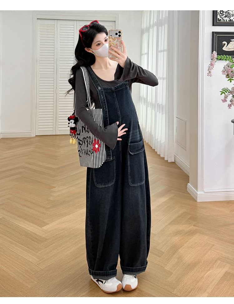 가을 켜기 새로운 워시 물 데님 연령 감소 루즈핏 임산부 멜빵 바지 나팔 소매 순면 맨위 상세 이미지 15