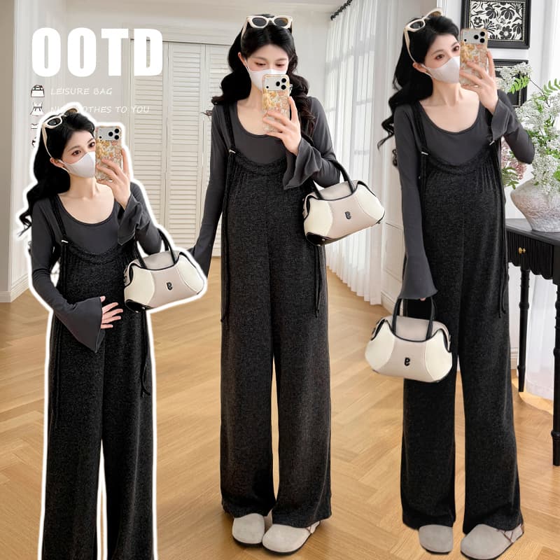 가을 켜기 새로운 니트 연령 감소 순면 임산부 멜빵 바지 긴팔 부츠컷 맨위 세트 이미지 2