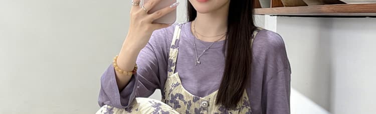 새로운 이른 가을 한 부서 부드러운 바람 보라색 맨위 코디 꽃무늬 멜빵 드레스 임산부 투피스 세트 상세 이미지 5