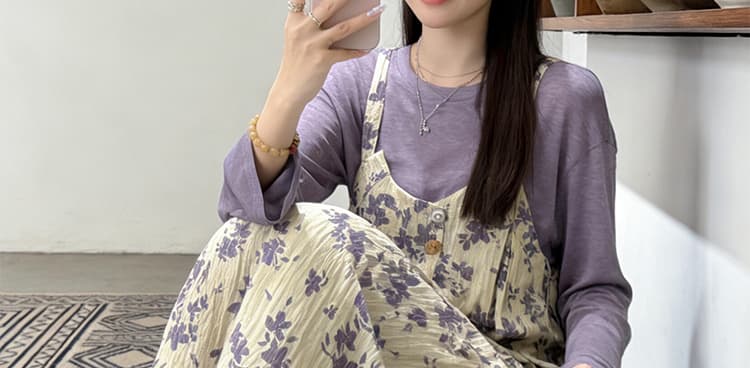 새로운 이른 가을 한 부서 부드러운 바람 보라색 맨위 코디 꽃무늬 멜빵 드레스 임산부 투피스 세트 상세 이미지 32