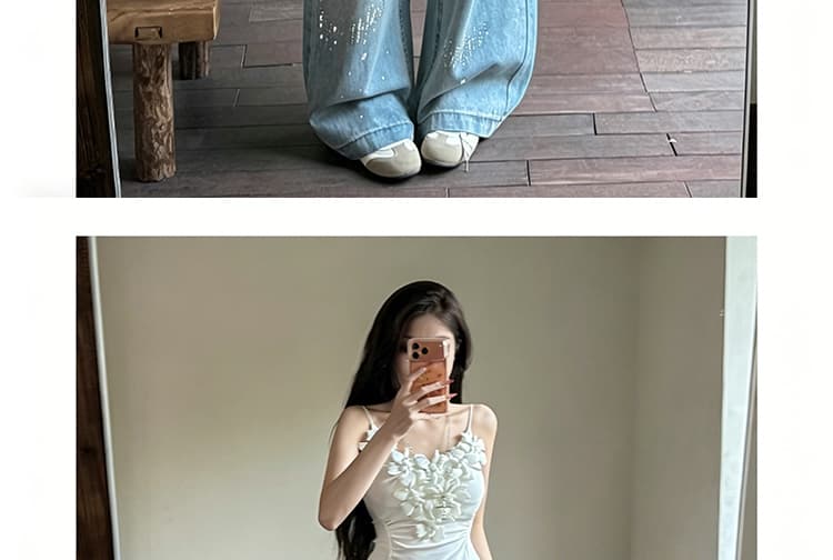 지금 가을 켜기 새로운 무거운 작업 알파벳 핫픽스 하이웨이스트 워시 물 블루 임산부 데님 넓은 다리 상세 이미지 26