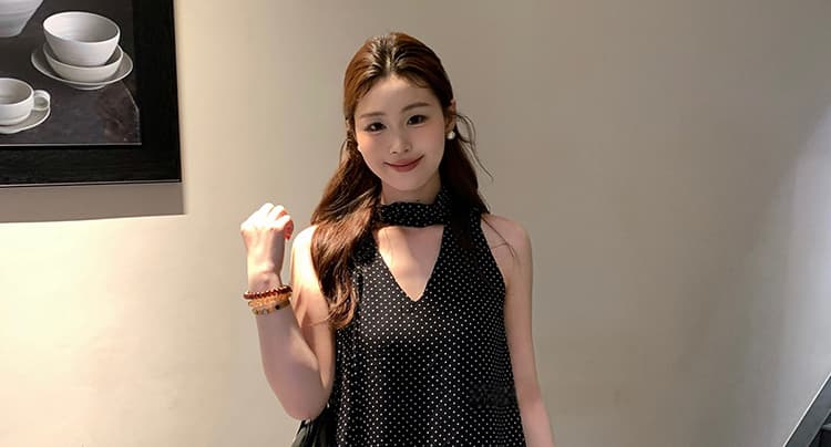 여름 켜기 새로운 지금 도트 무늬 디자인 센스 품격 민소매 맨위 임산부 하이웨이스트 와이드 레그 팬츠 세트 상세 이미지 17