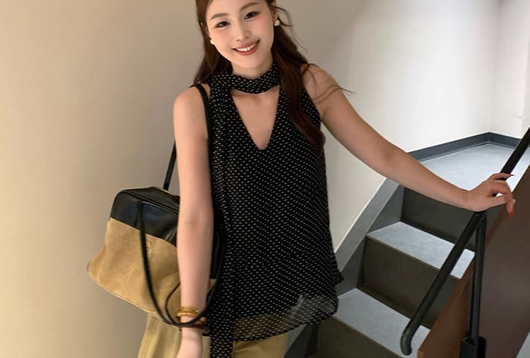 여름 켜기 새로운 지금 도트 무늬 디자인 센스 품격 민소매 맨위 임산부 하이웨이스트 와이드 레그 팬츠 세트 상세 이미지 22