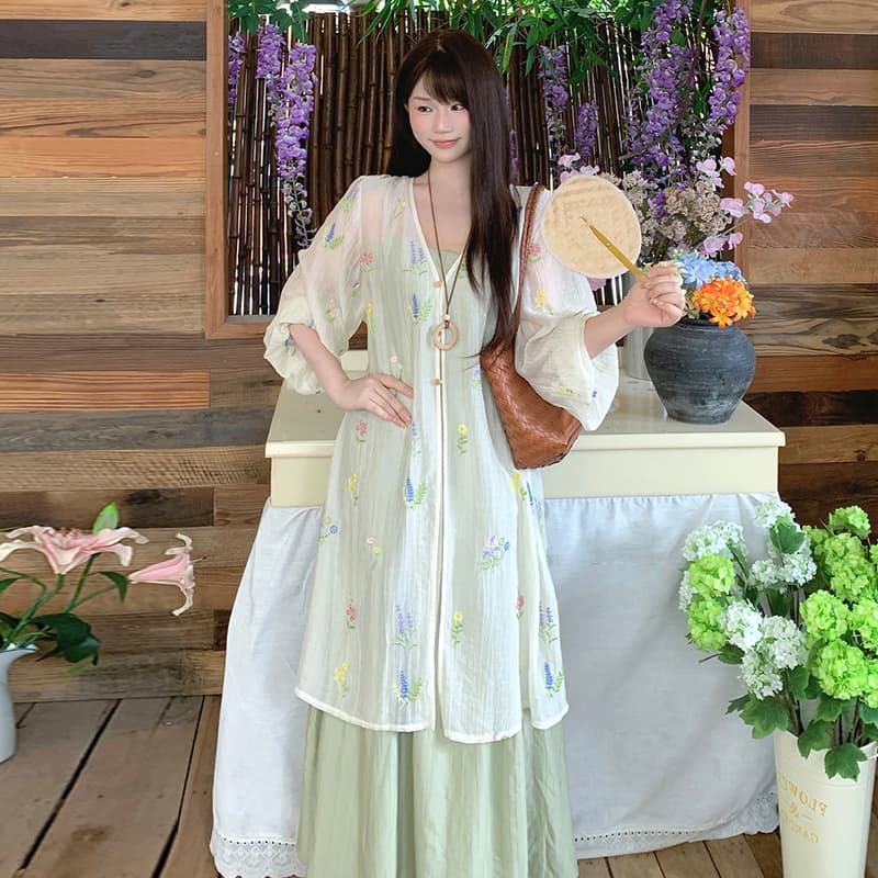 여름 켜기 새로운 현금 자수 주간 실크 외부 셔츠 치마 슬립 드레스 임산부 빅 사이즈 mm 투피스 슈트 이미지 5