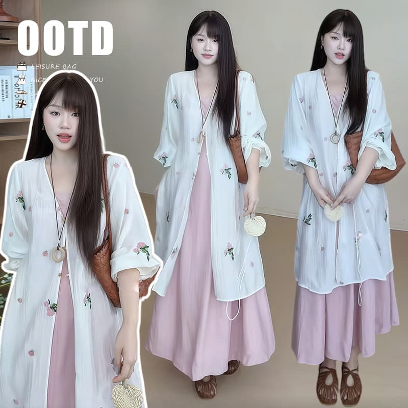여름 켜기 새로운 현금 자수 주간 실크 외부 셔츠 치마 슬립 드레스 임산부 빅 사이즈 mm 투피스 슈트 이미지 2
