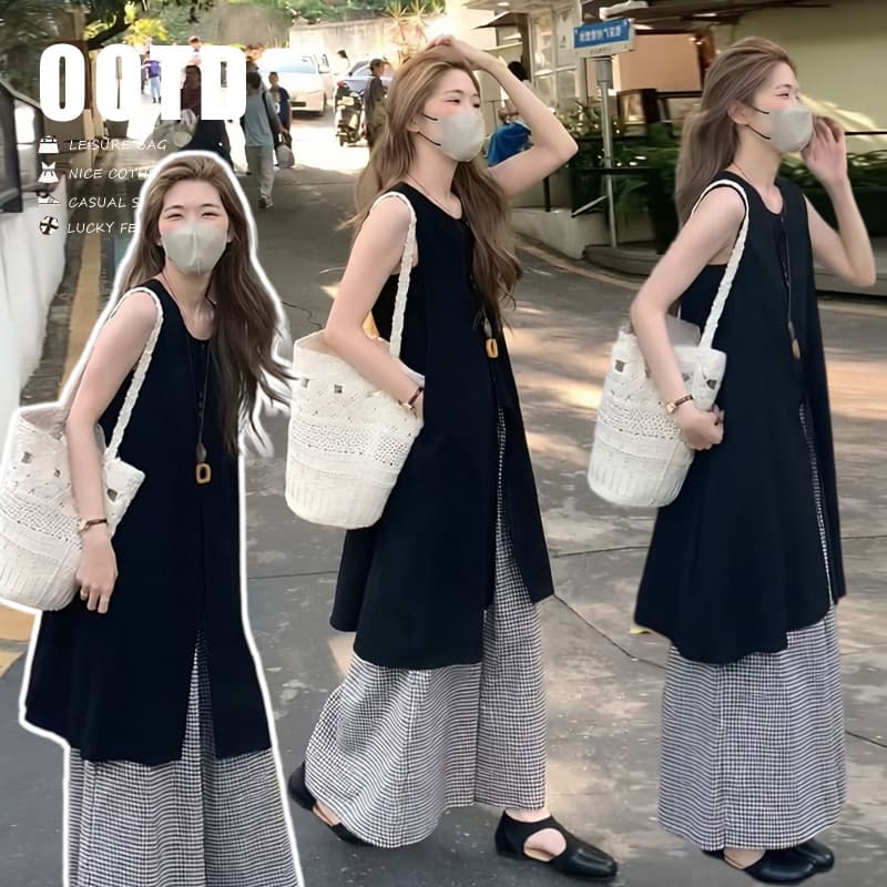지금 여름 켜기 새로운 미니멀리즘 민소매 한 마디 다용도 조끼 스커트 밴딩 조정 체크무늬 와이드 레그 팬츠 세트 이미지 2