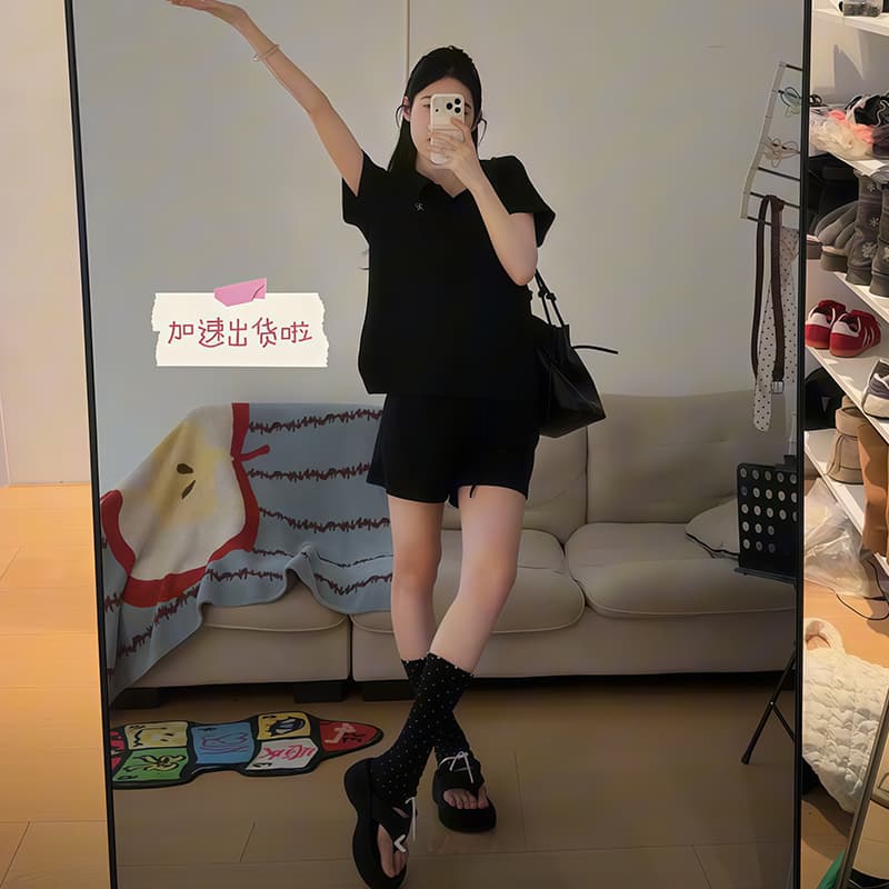 지금 여름 켜기 새로운 연령 감소 느긋한 후아 남편 그리드 면 pplo 셔츠 자수 맨위 반바지 임산부 세트 이미지 3
