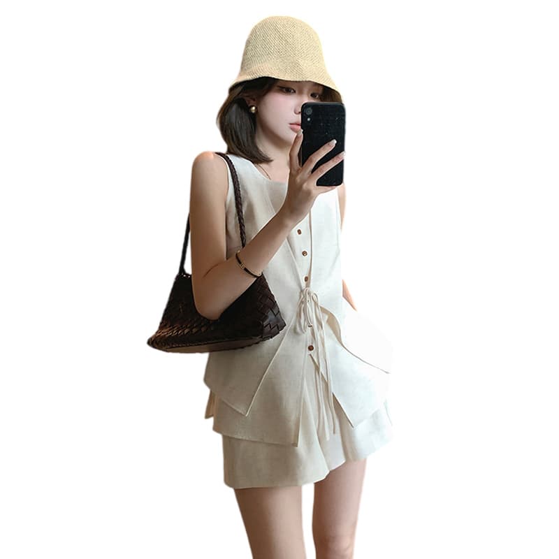 여름 켜기 새로운 디자인 품격 아마 오래된 돈 바람 빅 사이즈 임산부 페이크 레이어드 맨위 반바지 세트 이미지 6
