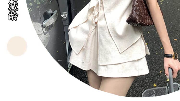 여름 켜기 새로운 디자인 품격 아마 오래된 돈 바람 빅 사이즈 임산부 페이크 레이어드 맨위 반바지 세트 상세 이미지 7