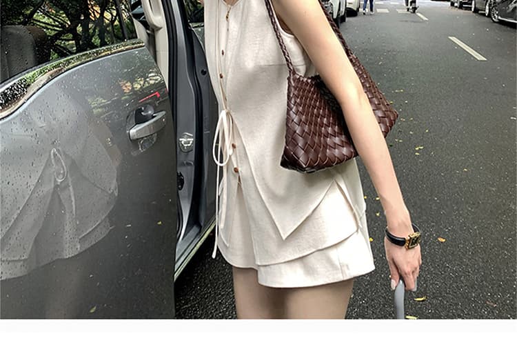 여름 켜기 새로운 디자인 품격 아마 오래된 돈 바람 빅 사이즈 임산부 페이크 레이어드 맨위 반바지 세트 상세 이미지 23