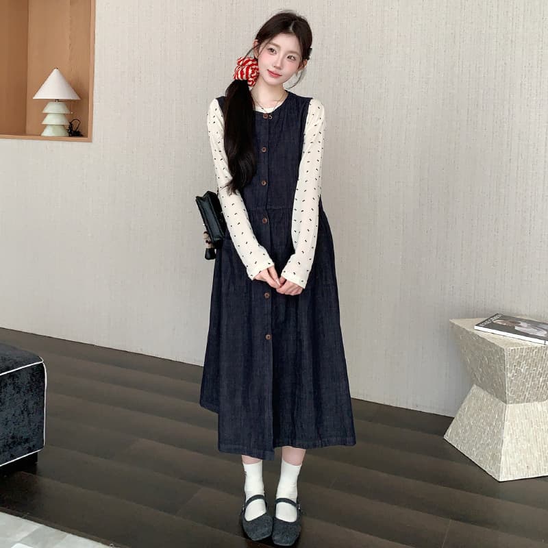 실사 가을 켜기 새로운 워시 물 원색 데님 조끼 스커트 식물 벨벳 맨위 기본 셔츠 임산부 세트 이미지 4