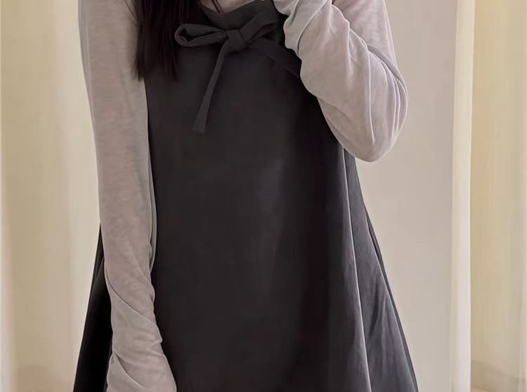 가을 켜기 새로운 한국 스타일 모직 연령 감소 슬림해 보이는 나비 매듭 꽃밭 조끼 스커트 긴팔 맨위 세트 상세 이미지 33