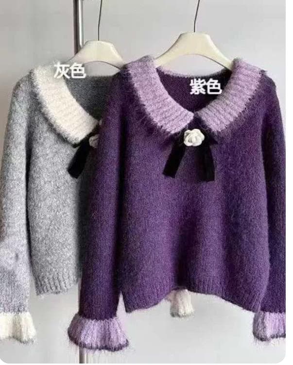 회색 폴로 칼라 스웨터 여자 가을 겨울 2026 겨울 새로운 나비 매듭 두꺼운 인사이드 가져 가라. 외출용 니트 스웨터 쇼트 스타일 맨위