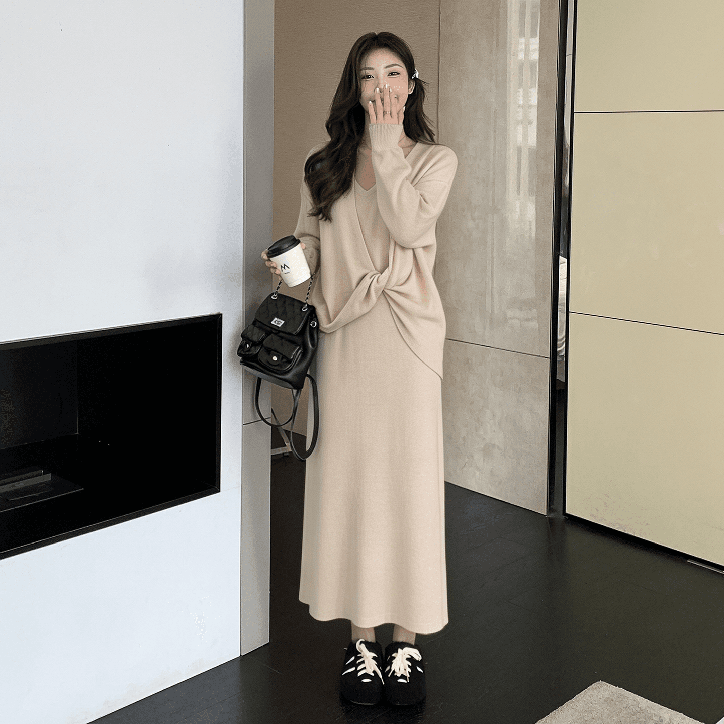 신제품 지금 실사 가을 한국 스타일 루즈핏 니트 슬립 드레스 디자인 센스 재킷 임신 엄마 세트 이미지 4
