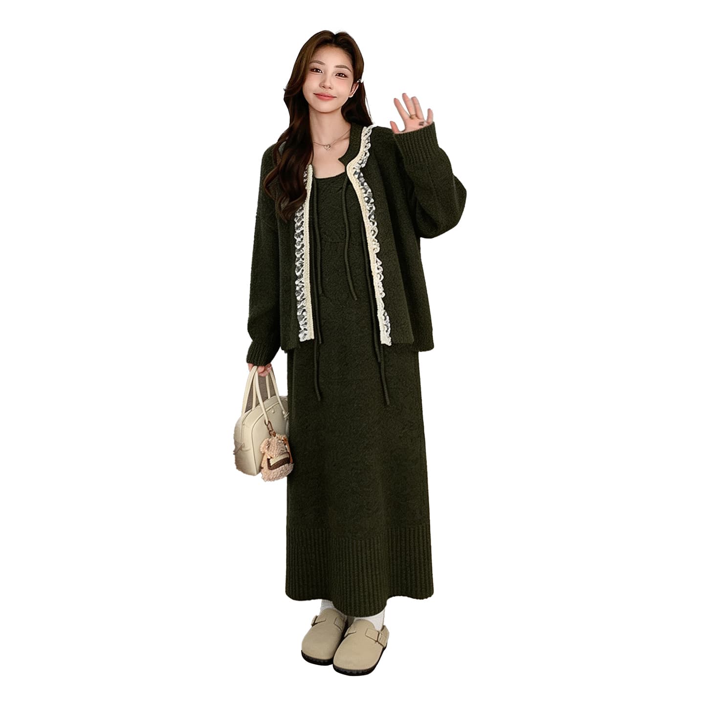 신제품 지금 가을 겨울 한 부서 배색 레이스 레이스 스트랩 스웨터 오픈 가디건 슬립 드레스 임신 기간 착용 가져 가라. 이미지 5