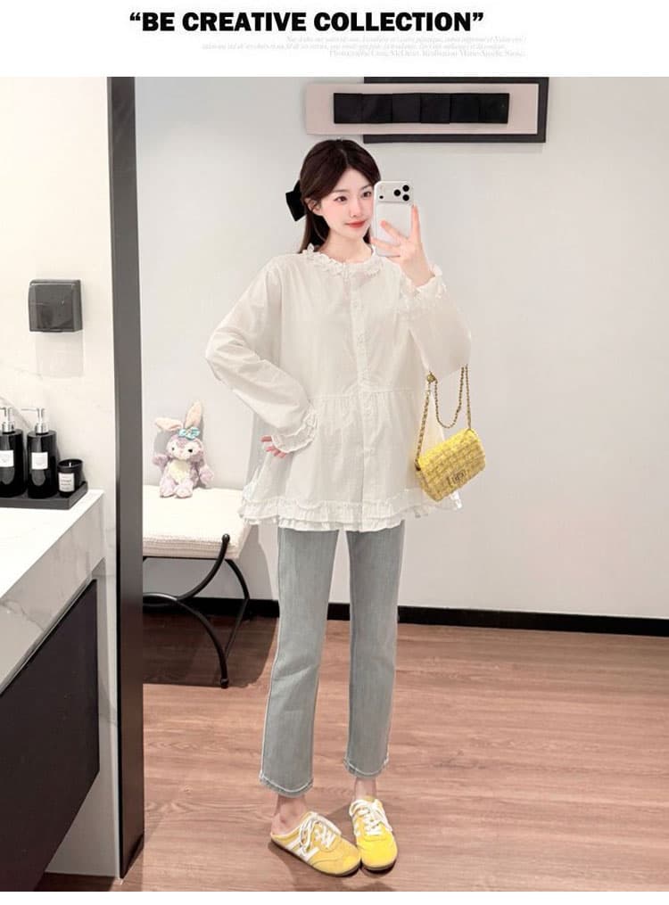신제품 실사 지금 한 부서 프릴 베이비 칼라 루즈핏 긴팔 프릴 연령 감소 출퇴근 만나는 흰 셔츠 이미지 4